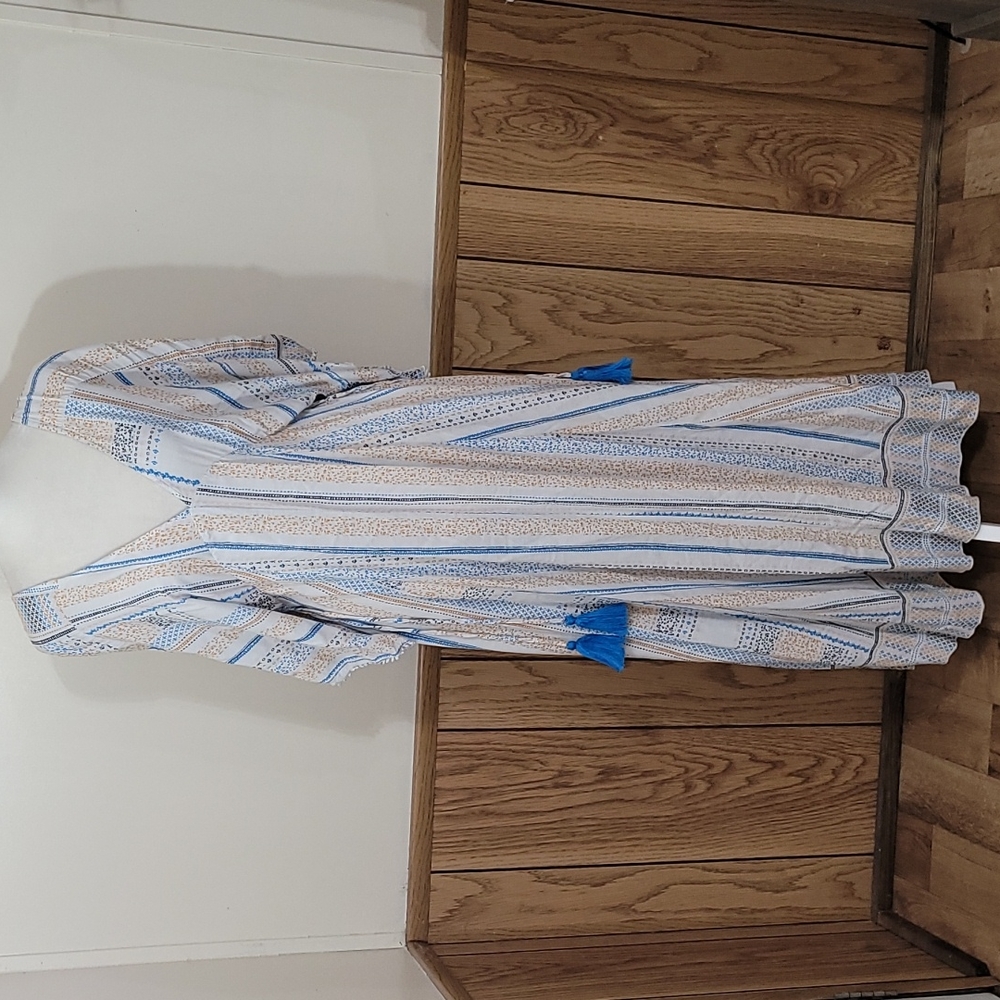 Lulu's Striped Maxi Dress Pom Pom Trim Sleeves Tassel Ties Details Size Medium